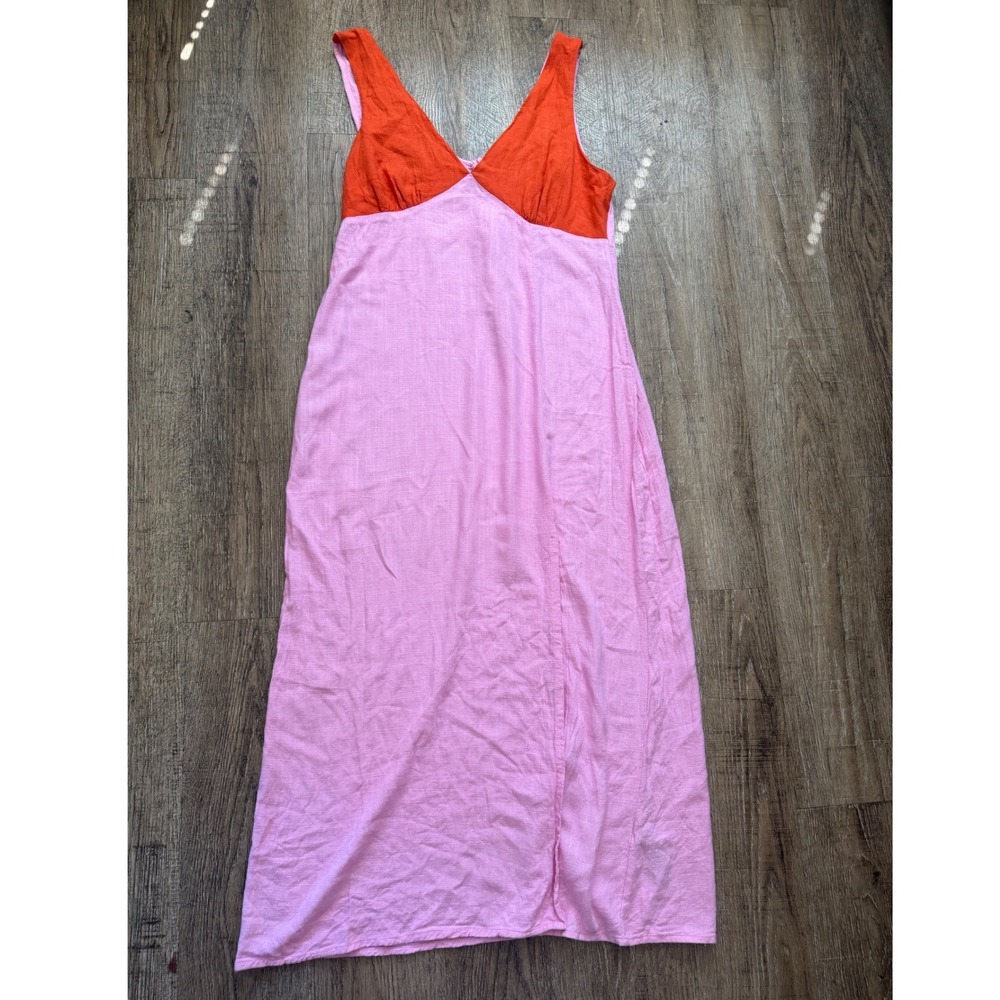 ASOS DESIGN Pink Orange Color Block Linen Blend Maxi Dress US 8 V-Nec Sleeveless